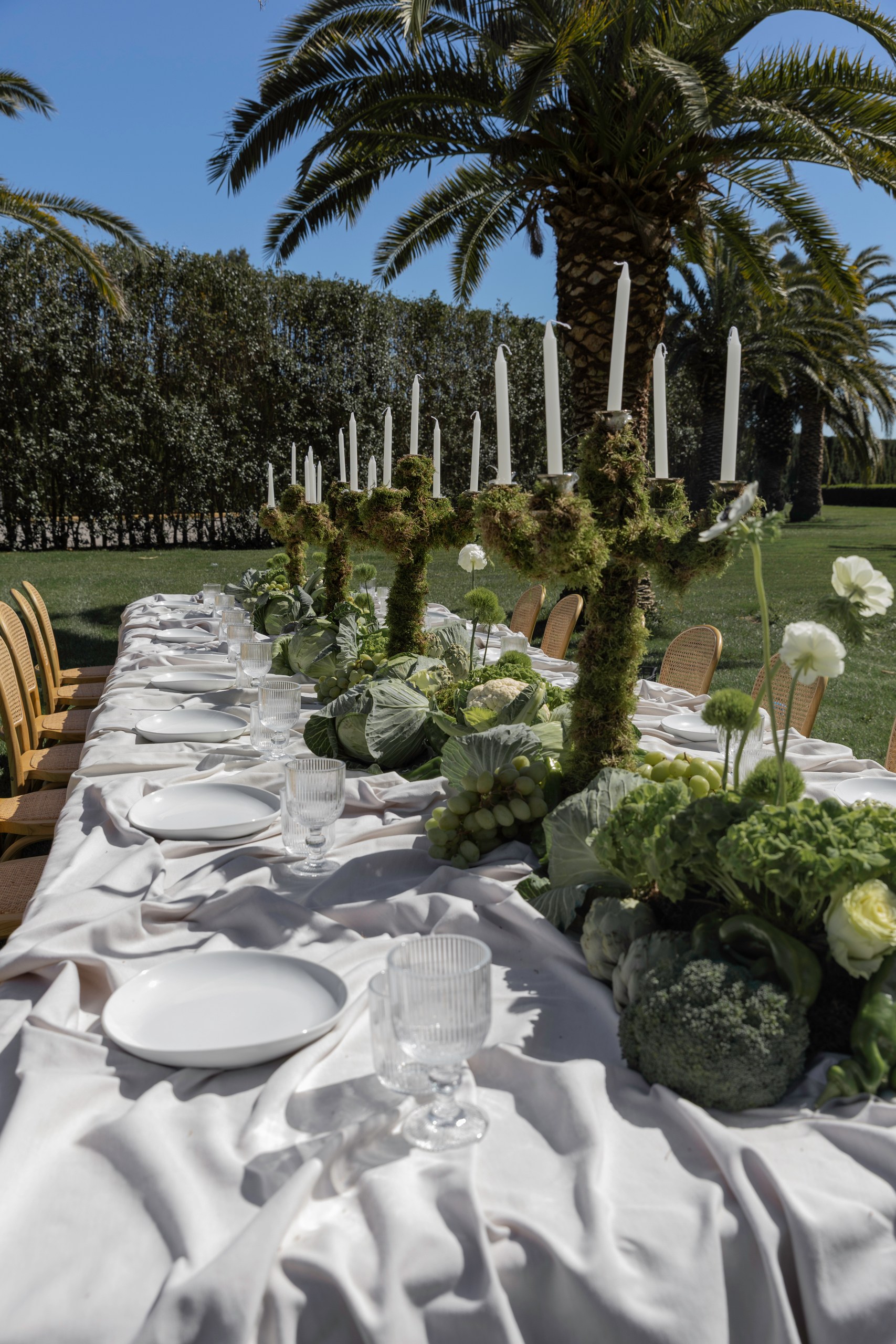 Botanical garden table with moss candelabras